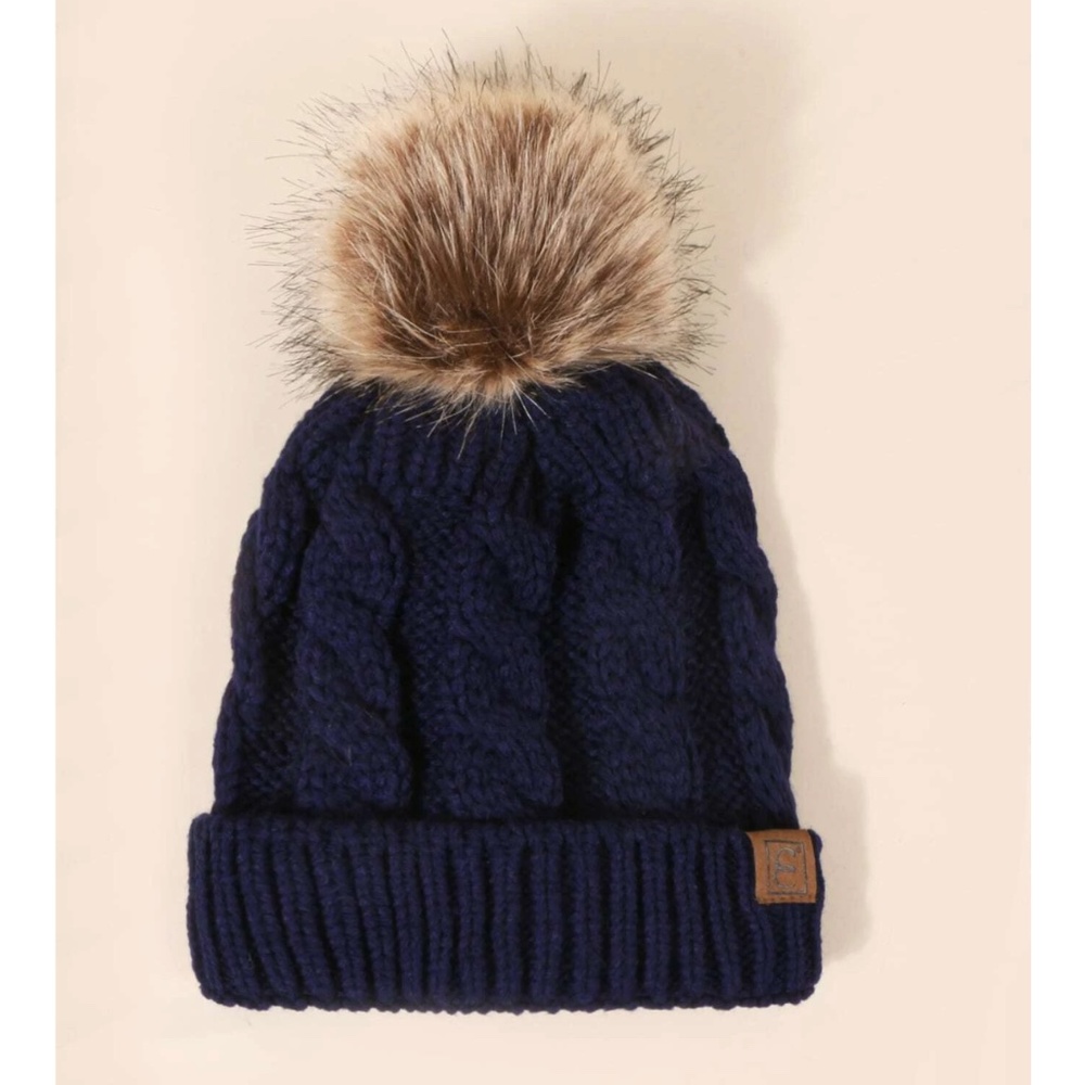 Navy Blue Cable Knit Beanie Hat Faux Fur Pom Pom   100% Acrylic - Picture 2 of 11
